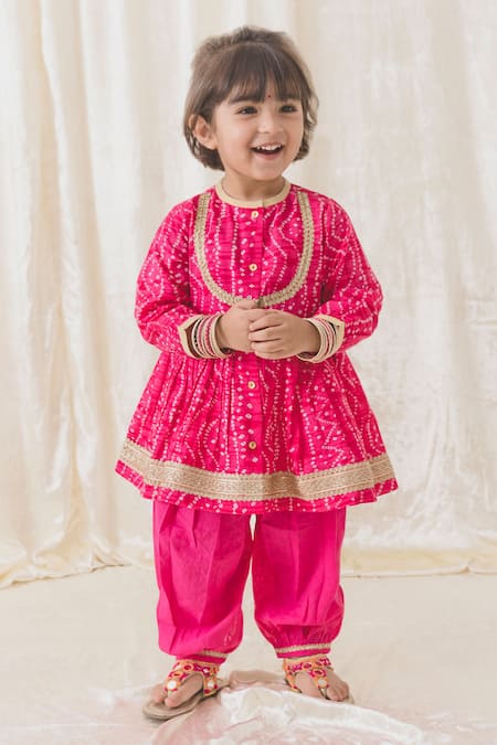 Tiber Taber Pink 100% Cotton Printed Bandhani Twirl Anarkali With Salwar 