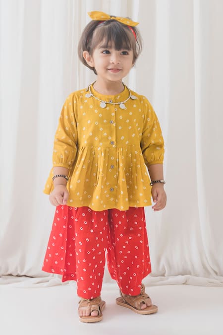 Tiber Taber Yellow 100% Cotton Printed Bandhani Polka Top And Culotte Set 