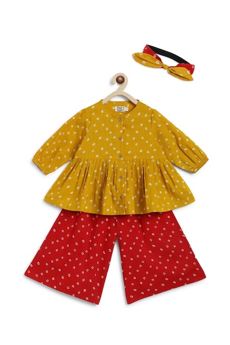 Shop Tiber Taber Yellow Cotton Bandhani Polka Top And Culotte Set at Aza Fashions Shop_Tiber Taber_Yellow Cotton Bandhani Polka Top And Culotte Set _at_Aza_Fashions