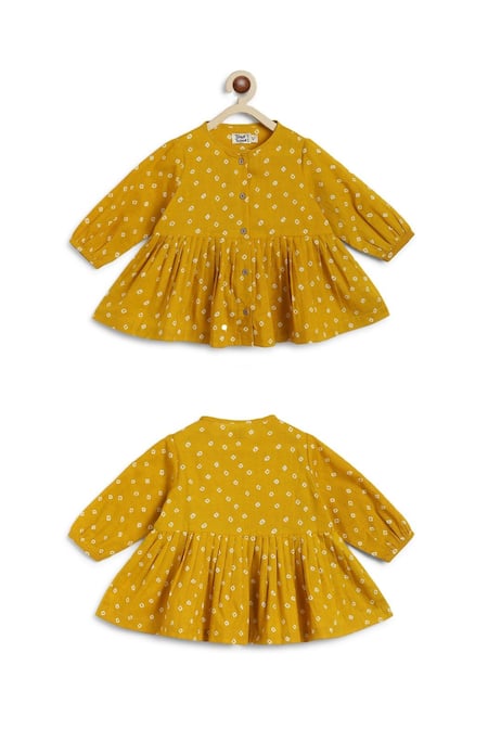 Shop Tiber Taber Yellow Cotton Bandhani Polka Top And Culotte Set Online at Aza Fashions Shop_Tiber Taber_Yellow Cotton Bandhani Polka Top And Culotte Set _Online_at_Aza_Fashions