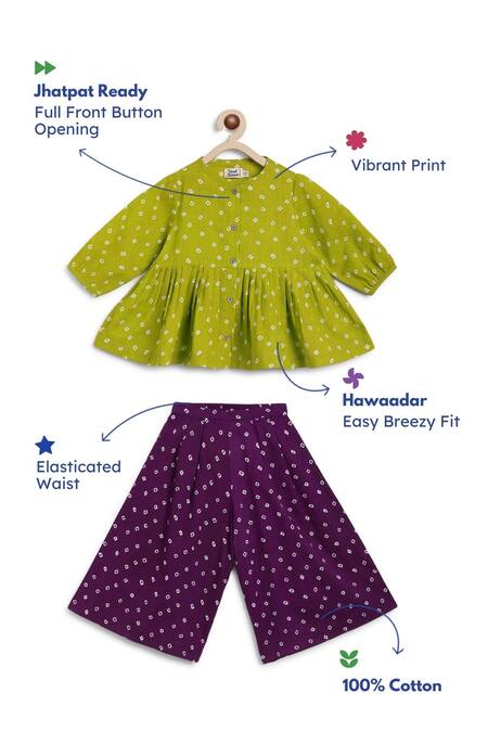 Tiber Taber Green Cotton Bandhani Polka Top With Culotte Online at Aza Fashions Tiber Taber_Green Cotton Bandhani Polka Top With Culotte _Online_at_Aza_Fashions