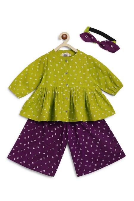 Shop Tiber Taber Green Cotton Bandhani Polka Top With Culotte Shop_Tiber Taber_Green Cotton Bandhani Polka Top With Culotte