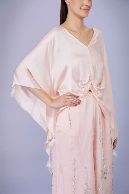 Dilnaz_Peach Blended Satin Solid V Neck Front Ruched Draped Kaftan_Online_at_Aza_Fashions