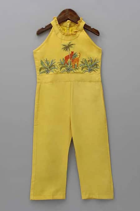 Little Brats Yellow Silk Blend Embellished Beads Cheetah Threadwork Jumpsuit 