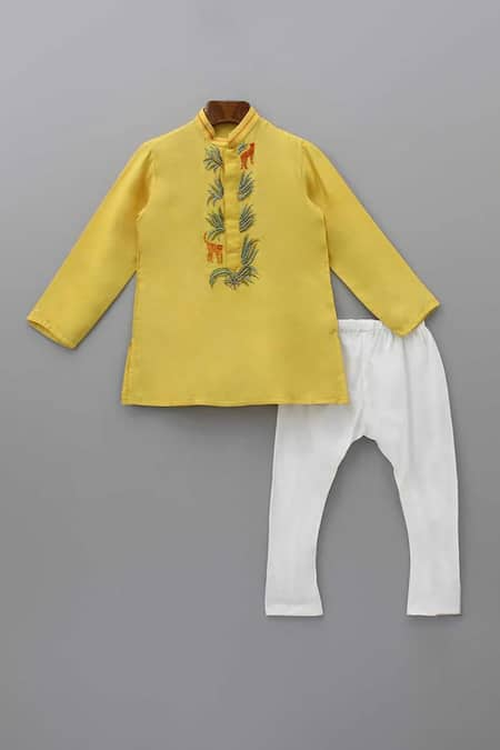 Little Brats Yellow Silk Blend Embellished Cheetah Threadwork Placket Kurta With Churidar 