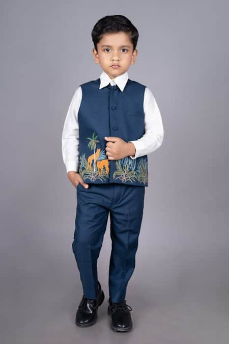 Little Brats Blue Cotton Blend Embellished Beads Cheetah Threadwork Waistcoat Pant Set 