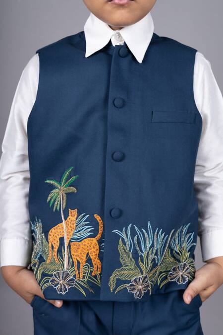 Little Brats_White , Satin Beads, Embroidery Cheetah Threadwork Waistcoat Set _Online_at_Aza_Fashions