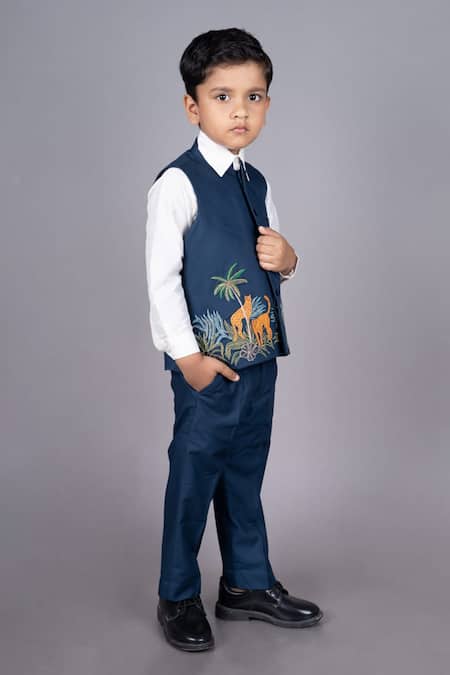 Buy_Little Brats_White , Satin Beads, Embroidery Cheetah Threadwork Waistcoat Set _Online_at_Aza_Fashions