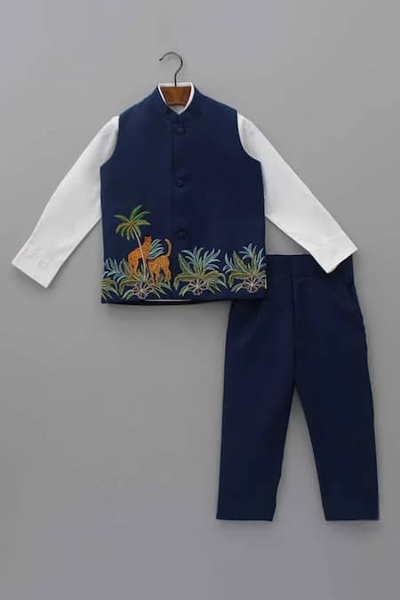 Shop_Little Brats_White , Satin Beads, Embroidery Cheetah Threadwork Waistcoat Set _Online_at_Aza_Fashions