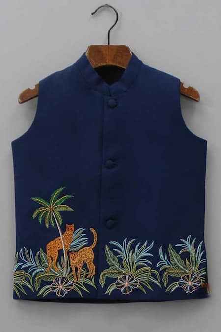 Buy_Little Brats_White , Satin Beads, Embroidery Cheetah Threadwork Waistcoat Set 