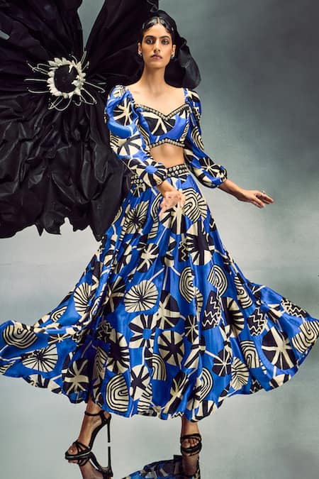 Maison Blu Blue Silk Sequins Sweetheart Neck Abstract Print Crop Top With Flared Skirt Online at Aza Fashions Maison Blu_Blue Silk Sequins Sweetheart Neck Abstract Print Crop Top With Flared Skirt _Online_at_Aza_Fashions