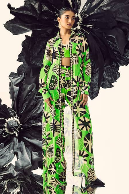 Maison Blu Green Georgette Printed Abstract Sweetheart Geometric Jacket With Pant Set 