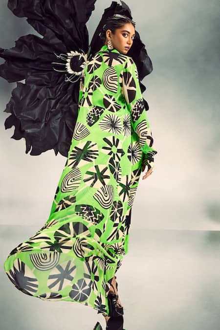 Shop Maison Blu Green Silk, Georgette Sequins Open Abstract Geometric Print Jacket With Pant Set at Aza Fashions Shop_Maison Blu_Green Silk, Georgette Sequins Open Abstract Geometric Print Jacket With Pant Set _at_Aza_Fashions