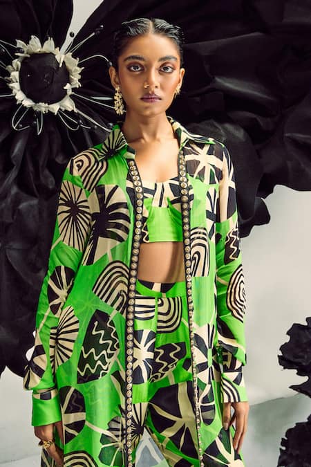 Maison Blu Green Silk, Georgette Sequins Open Abstract Geometric Print Jacket With Pant Set Online at Aza Fashions Maison Blu_Green Silk, Georgette Sequins Open Abstract Geometric Print Jacket With Pant Set _Online_at_Aza_Fashions