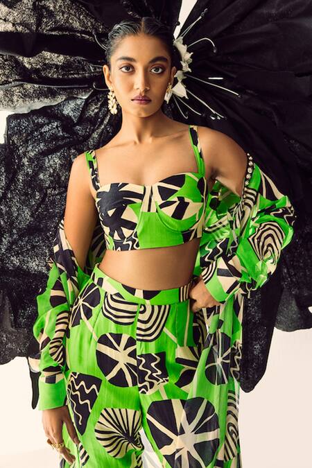Buy Maison Blu Green Silk, Georgette Sequins Open Abstract Geometric Print Jacket With Pant Set Online at Aza Fashions Buy_Maison Blu_Green Silk, Georgette Sequins Open Abstract Geometric Print Jacket With Pant Set _Online_at_Aza_Fashions
