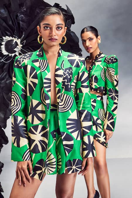 Maison Blu_Emerald Green Silk Abstract Geometric Print Blazer With Shorts _Online_at_Aza_Fashions