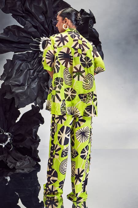 Shop Maison Blu Green Silk, Crepe Studs Collared Rick Rack Studded Sheer Shirt With Pant at Aza Fashions Shop_Maison Blu_Green Silk, Crepe Studs Collared Rick Rack Studded Sheer Shirt With Pant _at_Aza_Fashions