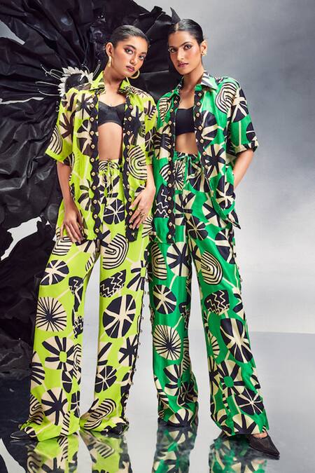 Maison Blu Green Silk, Crepe Studs Collared Rick Rack Studded Sheer Shirt With Pant Online at Aza Fashions Maison Blu_Green Silk, Crepe Studs Collared Rick Rack Studded Sheer Shirt With Pant _Online_at_Aza_Fashions