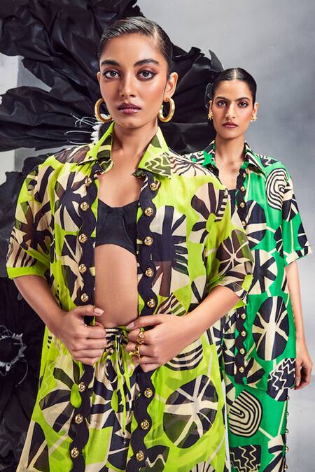 Buy Maison Blu Green Silk, Crepe Studs Collared Rick Rack Studded Sheer Shirt With Pant Online at Aza Fashions Buy_Maison Blu_Green Silk, Crepe Studs Collared Rick Rack Studded Sheer Shirt With Pant _Online_at_Aza_Fashions