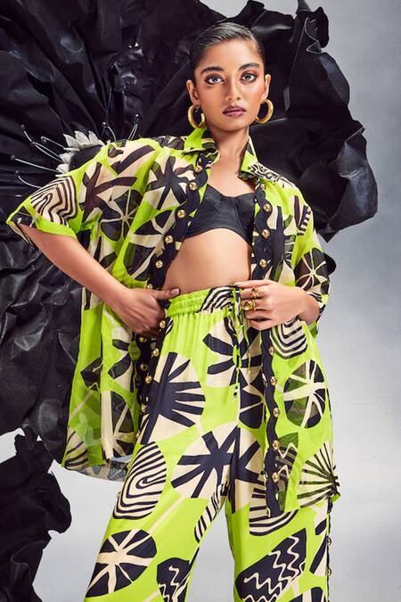 Maison Blu Green Silk, Crepe Studs Collared Rick Rack Studded Sheer Shirt With Pant at Aza Fashions Maison Blu_Green Silk, Crepe Studs Collared Rick Rack Studded Sheer Shirt With Pant _at_Aza_Fashions