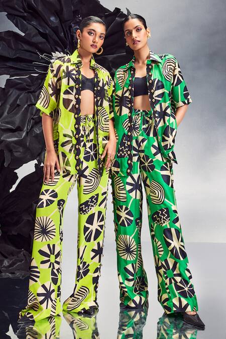 Shop Maison Blu Emerald Green Silk, Crepe Studs, Sequins Rick Rack Studded Shirt With Pant Online at Aza Fashions Shop_Maison Blu_Emerald Green Silk, Crepe Studs, Sequins Rick Rack Studded Shirt With Pant _Online_at_Aza_Fashions