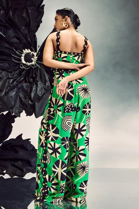 Shop Maison Blu Emerald Green Crepe Studs Open Neck Abstract Geometric Print Jumpsuit With Belt at Aza Fashions Shop_Maison Blu_Emerald Green Crepe Studs Open Neck Abstract Geometric Print Jumpsuit With Belt _at_Aza_Fashions