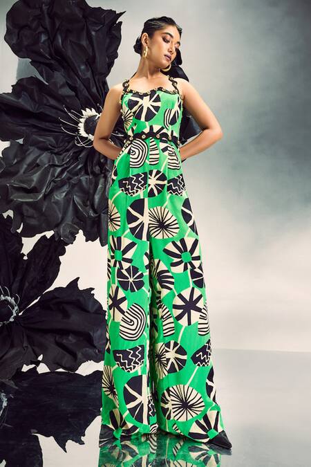 Maison Blu Emerald Green Crepe Studs Open Neck Abstract Geometric Print Jumpsuit With Belt Online at Aza Fashions Maison Blu_Emerald Green Crepe Studs Open Neck Abstract Geometric Print Jumpsuit With Belt _Online_at_Aza_Fashions