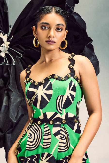 Buy Maison Blu Emerald Green Crepe Studs Open Neck Abstract Geometric Print Jumpsuit With Belt Online at Aza Fashions Buy_Maison Blu_Emerald Green Crepe Studs Open Neck Abstract Geometric Print Jumpsuit With Belt _Online_at_Aza_Fashions