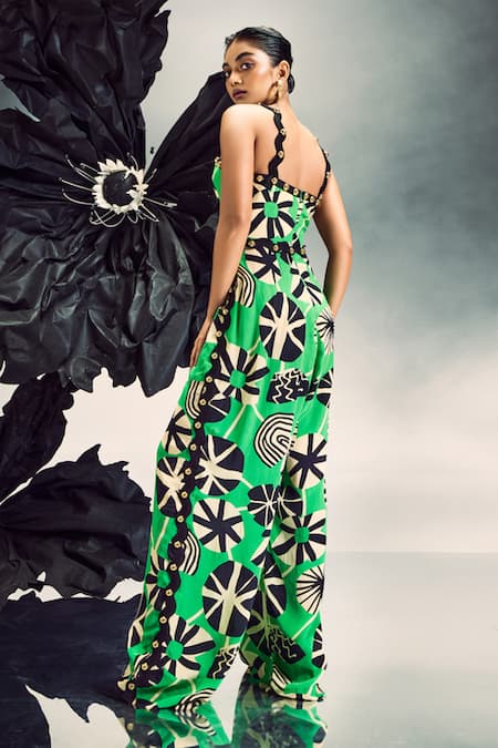 Shop Maison Blu Emerald Green Crepe Studs Open Neck Abstract Geometric Print Jumpsuit With Belt Online at Aza Fashions Shop_Maison Blu_Emerald Green Crepe Studs Open Neck Abstract Geometric Print Jumpsuit With Belt _Online_at_Aza_Fashions