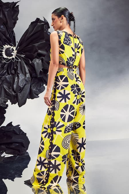 Shop Maison Blu Yellow Silk, Crepe Studs Open Neck Abstract Geometric Print Crop Top With Pant at Aza Fashions Shop_Maison Blu_Yellow Silk, Crepe Studs Open Neck Abstract Geometric Print Crop Top With Pant _at_Aza_Fashions