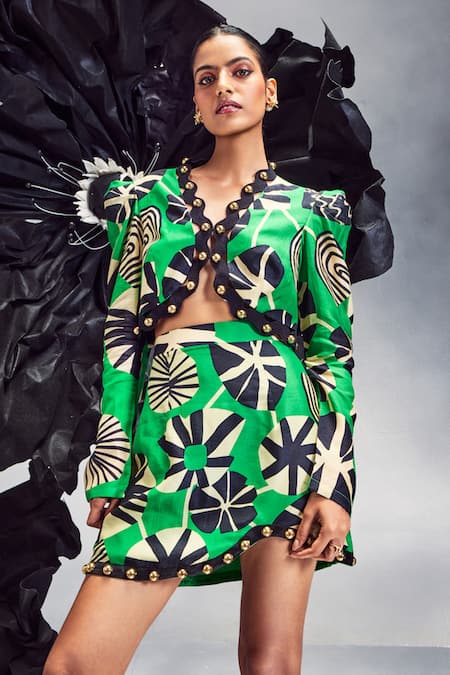 Buy Maison Blu Emerald Green Silk Studs V-neck Rick Rack Studded Jacket With Skirt Online at Aza Fashions Buy_Maison Blu_Emerald Green Silk Studs V-neck Rick Rack Studded Jacket With Skirt _Online_at_Aza_Fashions