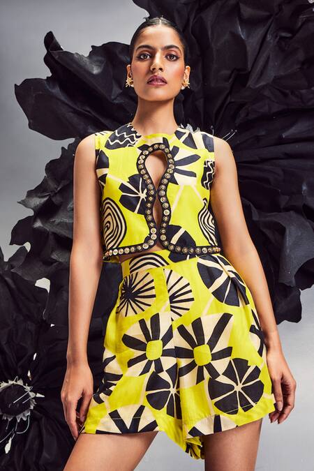 Buy Maison Blu Yellow Silk Studs Round Neck Studded Loop Hole Crop Top With Shorts Online at Aza Fashions Buy_Maison Blu_Yellow Silk Studs Round Neck Studded Loop Hole Crop Top With Shorts _Online_at_Aza_Fashions