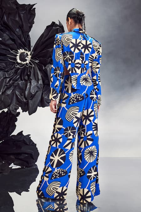 Shop Maison Blu Blue Silk Studs Abstract Print Cutout Blazer With Studded Pant at Aza Fashions Shop_Maison Blu_Blue Silk Studs Abstract Print Cutout Blazer With Studded Pant _at_Aza_Fashions