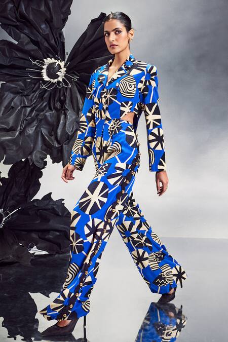 Maison Blu Blue Silk Studs Abstract Print Cutout Blazer With Studded Pant Online at Aza Fashions Maison Blu_Blue Silk Studs Abstract Print Cutout Blazer With Studded Pant _Online_at_Aza_Fashions