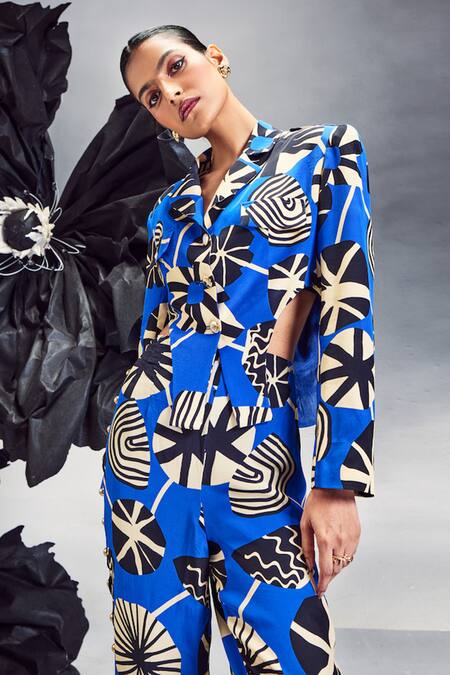 Buy Maison Blu Blue Silk Studs Abstract Print Cutout Blazer With Studded Pant Online at Aza Fashions Buy_Maison Blu_Blue Silk Studs Abstract Print Cutout Blazer With Studded Pant _Online_at_Aza_Fashions