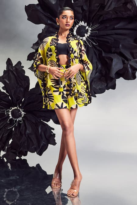 Maison Blu Yellow Sheer Silk Printed Abstract Open Front Studded Cape With Shorts 