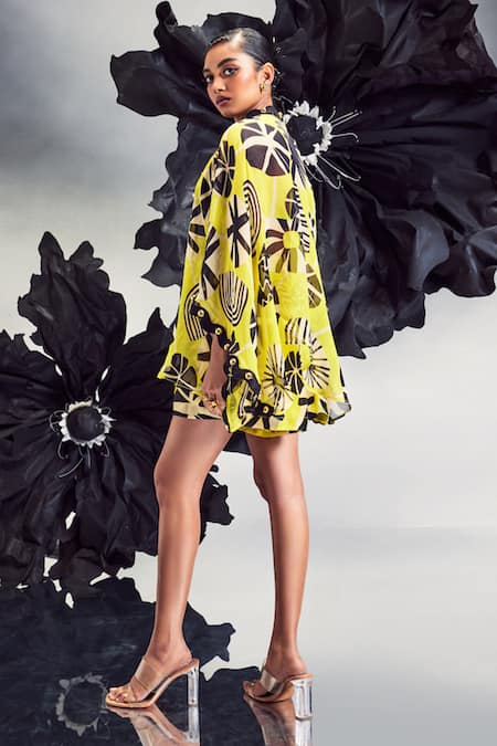 Shop Maison Blu Yellow Silk Abstract Print Studded Cape With Shorts at Aza Fashions Shop_Maison Blu_Yellow Silk Abstract Print Studded Cape With Shorts _at_Aza_Fashions