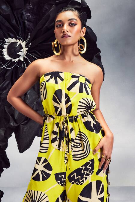 Shop Maison Blu Yellow Crepe Studs Bandeau Neck Rick Rack Studded Tube Jumpsuit Online at Aza Fashions Shop_Maison Blu_Yellow Crepe Studs Bandeau Neck Rick Rack Studded Tube Jumpsuit _Online_at_Aza_Fashions