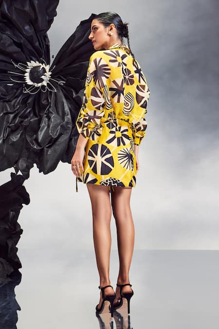Shop Maison Blu Yellow , Organza Abstract Print Cropped Jacket With Cargo Skirt at Aza Fashions Shop_Maison Blu_Yellow , Organza Abstract Print Cropped Jacket With Cargo Skirt _at_Aza_Fashions