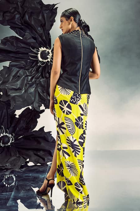 Shop Maison Blu Yellow Silk, Crepe Studs, Metallic Thread Studded Top With Draped Skirt at Aza Fashions Shop_Maison Blu_Yellow Silk, Crepe Studs, Metallic Thread Studded Top With Draped Skirt _at_Aza_Fashions