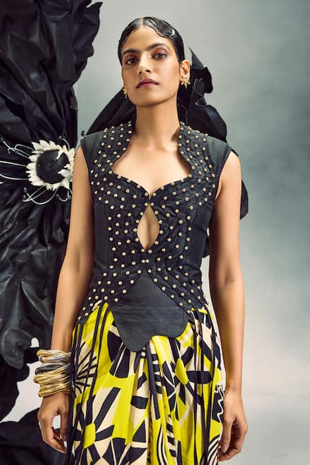 Buy Maison Blu Yellow Silk, Crepe Studs, Metallic Thread Studded Top With Draped Skirt Online at Aza Fashions Buy_Maison Blu_Yellow Silk, Crepe Studs, Metallic Thread Studded Top With Draped Skirt _Online_at_Aza_Fashions