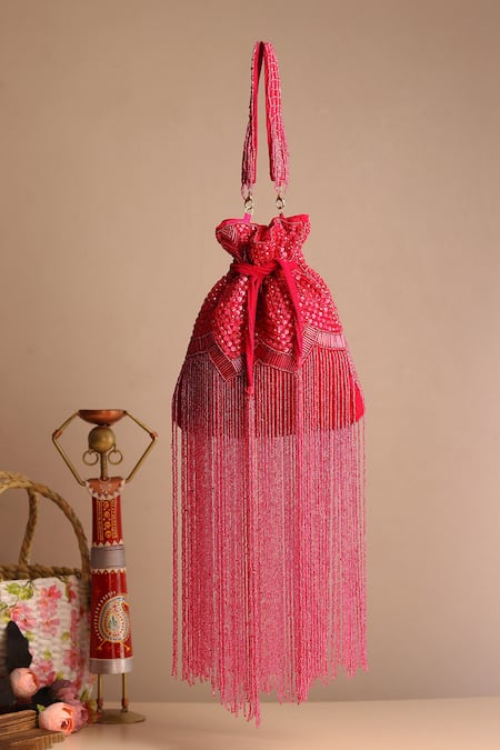 House of Webhin Pink Embellished Flame Velvet Crystal Potli 