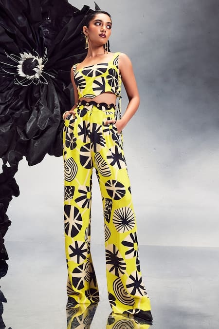 Maison Blu Yellow Crepe Printed Abstract Square Cropped Top With Pant Set 