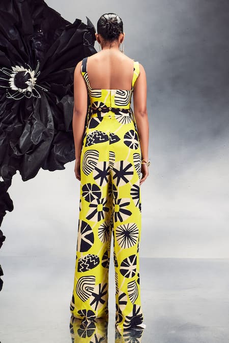 Shop Maison Blu Yellow Silk, Crepe Studs Square Neck Abstract Print Cropped Top With Pant Set at Aza Fashions Shop_Maison Blu_Yellow Silk, Crepe Studs Square Neck Abstract Print Cropped Top With Pant Set _at_Aza_Fashions