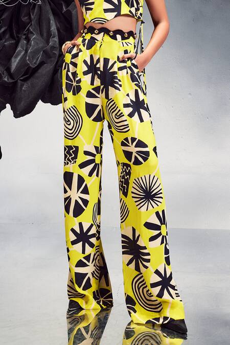 Buy Maison Blu Yellow Silk, Crepe Studs Square Neck Abstract Print Cropped Top With Pant Set Online at Aza Fashions Buy_Maison Blu_Yellow Silk, Crepe Studs Square Neck Abstract Print Cropped Top With Pant Set _Online_at_Aza_Fashions
