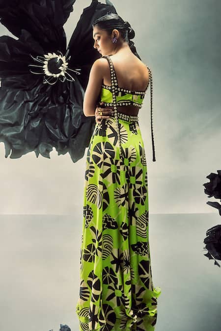 Shop Maison Blu Green Crepe Studs Sweetheart Neck Metal Studded Bustier With Sharara at Aza Fashions Shop_Maison Blu_Green Crepe Studs Sweetheart Neck Metal Studded Bustier With Sharara _at_Aza_Fashions