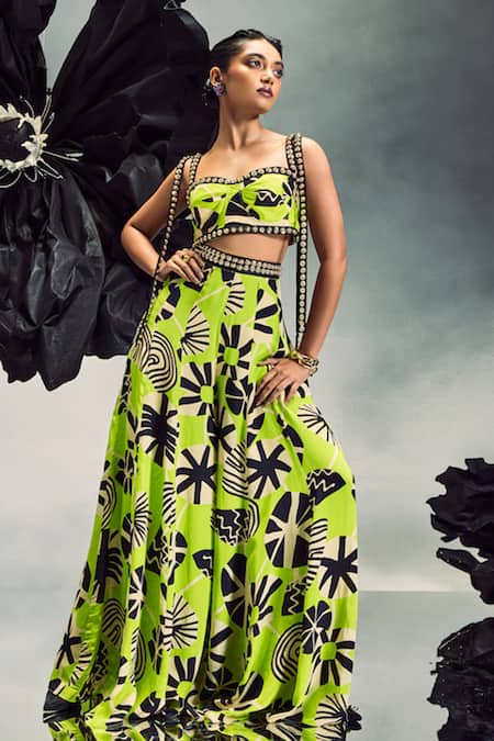 Buy Maison Blu Green Crepe Studs Sweetheart Neck Metal Studded Bustier With Sharara Online at Aza Fashions Buy_Maison Blu_Green Crepe Studs Sweetheart Neck Metal Studded Bustier With Sharara _Online_at_Aza_Fashions