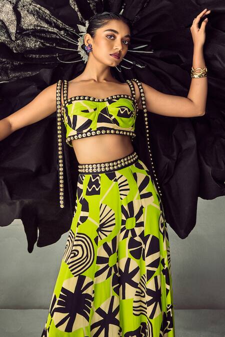 Shop Maison Blu Green Crepe Studs Sweetheart Neck Metal Studded Bustier With Sharara Online at Aza Fashions Shop_Maison Blu_Green Crepe Studs Sweetheart Neck Metal Studded Bustier With Sharara _Online_at_Aza_Fashions