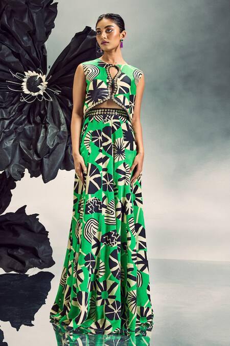 Maison Blu Emerald Green Crepe Studs, Beads Round Studded Loop Hole Crop Top With Sharara Online at Aza Fashions Maison Blu_Emerald Green Crepe Studs, Beads Round Studded Loop Hole Crop Top With Sharara _Online_at_Aza_Fashions