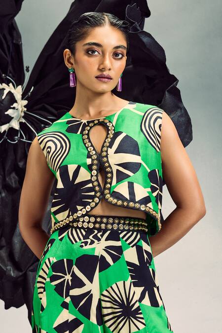 Buy Maison Blu Emerald Green Crepe Studs, Beads Round Studded Loop Hole Crop Top With Sharara Online at Aza Fashions Buy_Maison Blu_Emerald Green Crepe Studs, Beads Round Studded Loop Hole Crop Top With Sharara _Online_at_Aza_Fashions